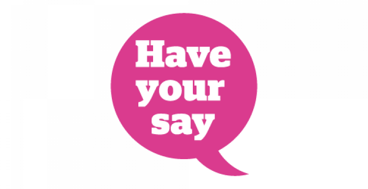 Infographic of a pink speech bubble which says have your say