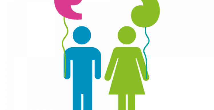 Colourful infographic of 2 figures holding balloons in the shape of speech marks