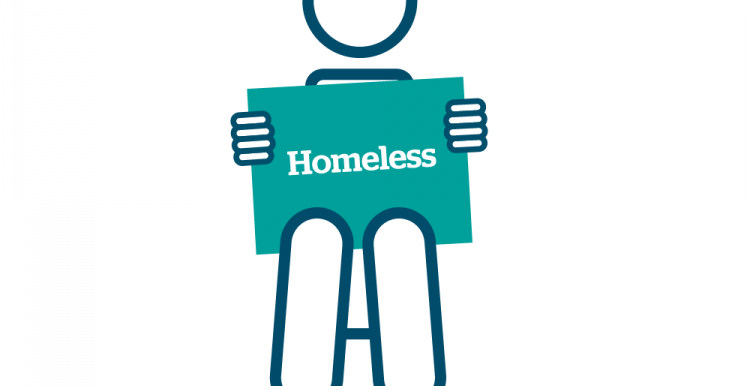 Infographic of homeless person sitting down with a sign holding homeless