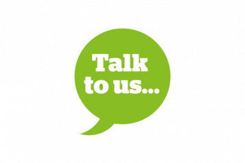 Infographic of a green speech bubble saying 'Talk To us'