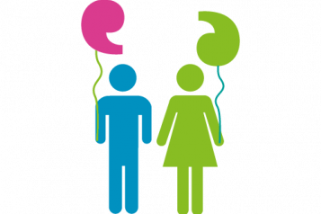 Colourful infographic of 2 figures holding balloons in the shape of speech marks