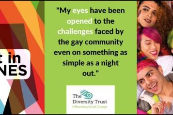 Diversity logo, quote and group of young people 