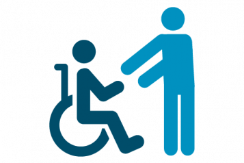Infographic of figure in wheelchair being helped by another figure